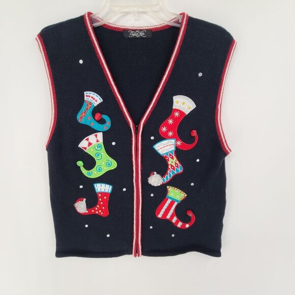 Crystal Kole Sweaters - Crystal Kobe Knit Holiday Christmas Sweater Vest Stocking Design Embellished  Bl
